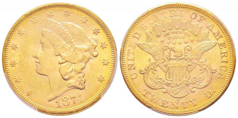 USA, 20 Dollars, San Francisco, 1874 S, AU 33.43 g.               
Ref : Fr.175...