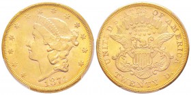 USA, 20 Dollars, San Francisco, 1874 S, AU 33.43 g.               
Ref : Fr.175, KM#74.2                 
Conservation : PCGS MS61