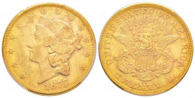 USA, 20 Dollars, Carson City, 1875 CC, AU 33.43 g.               
Ref : Fr.176, KM#74.2            
Conservation : PCGS AU58