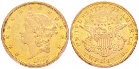 USA, 20 Dollars, San Francisco, 1875 S, AU 33.43 g.               
Ref : Fr.175, KM#74.2            
Conservation : PCGS MS61