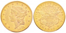USA, 20 Dollars, Carson City, 1876 CC, AU 33.43 g.               
Ref : Fr.176, KM#74.2                
Conservation : PCGS AU55