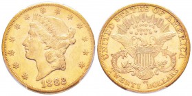 USA, 20 Dollars, Carson City, 1882 CC, AU 33.43 g.
Ref : Fr.179, KM#74.3
Conservation : PCGS AU55