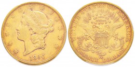 USA, 20 Dollars, Carson City, 1890 CC, AU 33.43 g.               
Ref : Fr.179, KM#74.3              
Conservation : PCGS XF45