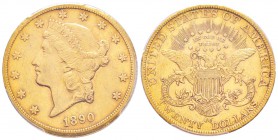 USA, 20 Dollars, Carson City, 1890 CC, AU 33.43 g.               
Ref : Fr.179, KM#74.3               
Conservation : PCGS AU Details