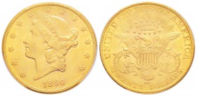 USA, 20 Dollars, Carson City, 1890 CC, AU 33.43 g.               
Ref : Fr.179, KM#74.3               
Conservation : PCGS UNC Details