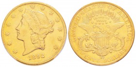 USA, 20 Dollars, Carson City, 1892 CC, AU 33.43 g.               
Ref : Fr.179, KM#74.3               
Conservation : PCGS AU Details