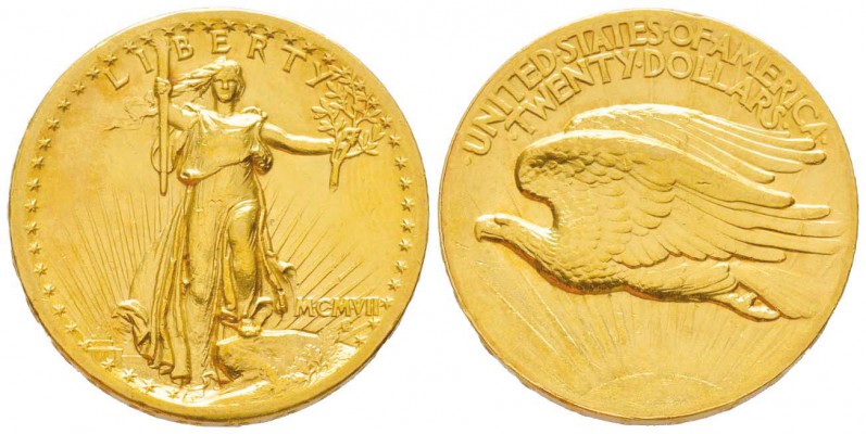 USA, 20 Dollars,Philadephia, 1907, High relief, AU 33.44 g.               
Ref ...