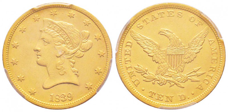 USA, 10 Dollars, Philadelphia, type of 1840, 1839, AU 16.65 g.               
R...