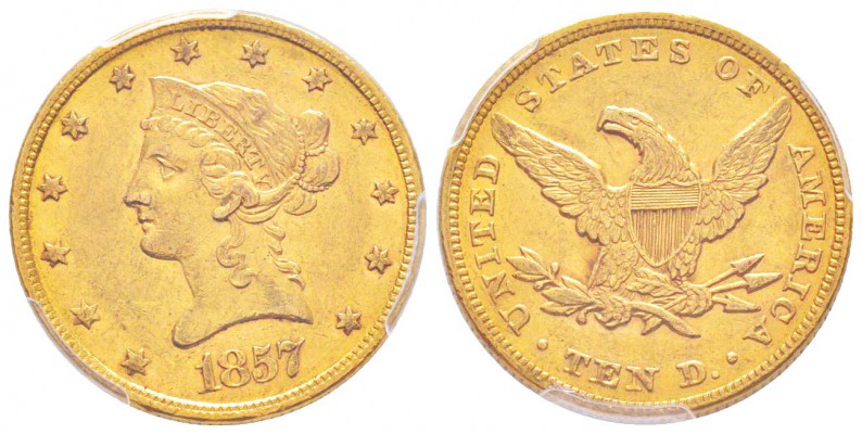 USA, 10 Dollars, Philadelphia, 1857, AU 16.65 g.               
Ref : Fr.155, K...