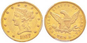 USA, 10 Dollars, Philadelphia, 1857, AU 16.65 g.               
Ref : Fr.155, KM#102                        
Conservation : PCGS AU55