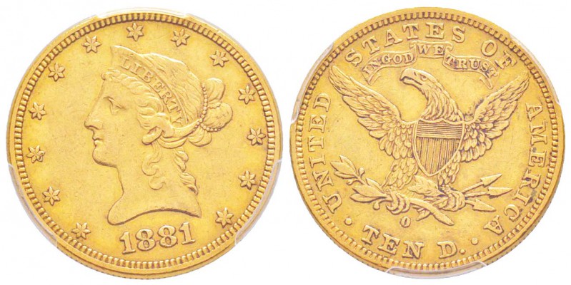 USA, 10 Dollars, New Orleans, 1881 O,  AU 16.65 g.               
Ref : Fr.159,...
