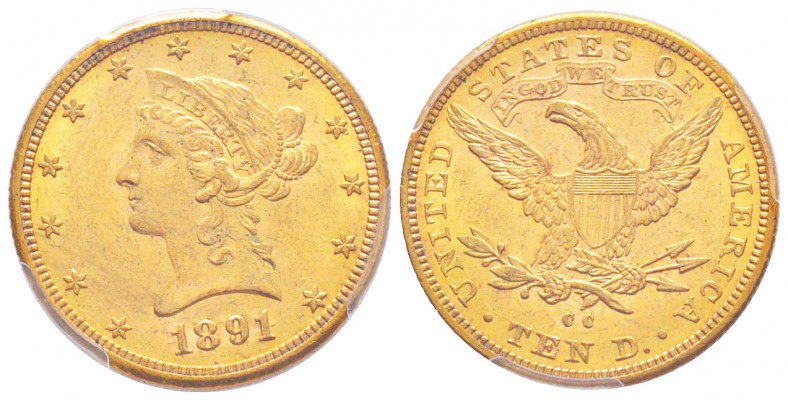 USA, 10 Dollars, Carson City, 1891 CC,  AU 16.65 g.               
Ref : Fr.161...
