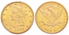USA, 10 Dollars, Carson City, 1891 CC,  AU 16.65 g.               
Ref : Fr.161, KM#102            
Conservation : PCGS MS61