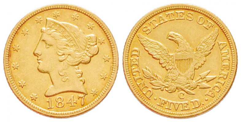 USA, 5 Dollars, Charlotte, 1847 C, AU 8.34 g.               
Ref : Fr.139, KM#6...