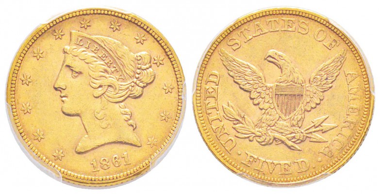USA, 5 Dollars, Philadelphia, 1861, AU 8.34 g.               
Ref : Fr.138, KM#...