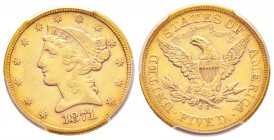 USA, 5 Dollars, Carson City, 1871 CC, AU 8.34 g.               
Ref : Fr.146, KM#101             
Conservation : PCGS XF40. Rare