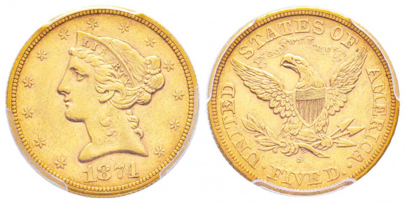 USA, 5 Dollars, San Francisco, 1874 S, AU 8.34 g.               
Ref : Fr.146, ...