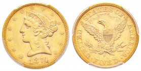 USA, 5 Dollars, San Francisco, 1874 S, AU 8.34 g.               
Ref : Fr.146, KM#101                    
Conservation : PCGS AU55. Très Rare