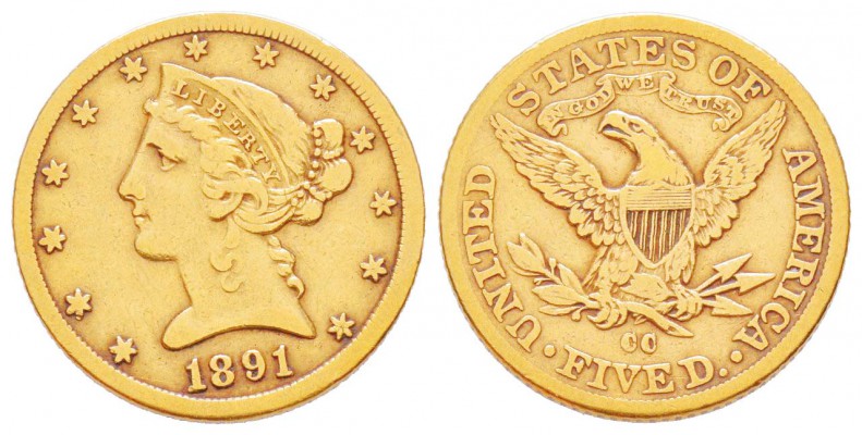 USA, 5 Dollars, Carson City, 1891 CC, AU 8.25 g.               
Ref : Fr.146, K...