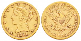 USA, 5 Dollars, Carson City, 1891 CC, AU 8.25 g.               
Ref : Fr.146, KM#101                     
Conservation : traces de nettoyage sinon T...
