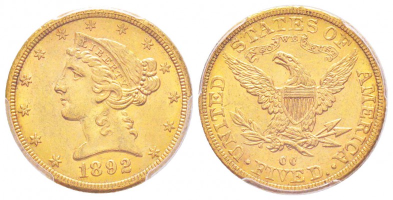 USA, 5 Dollars, Carson City, 1892 CC, AU 8.34 g.               
Ref : Fr.146, K...