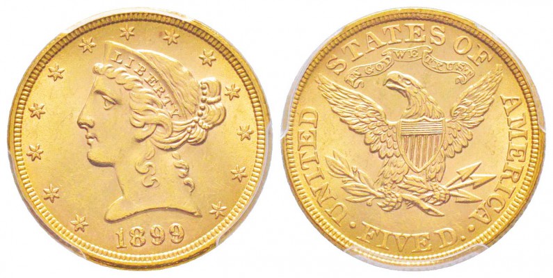 USA, 5 Dollars, Philadephia, 1899, AU 8.34 g.               
Ref : Fr.146, KM#1...