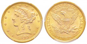 USA, 5 Dollars, Philadephia, 1899, AU 8.34 g.               
Ref : Fr.146, KM#101          
Conservation : PCGS MS65