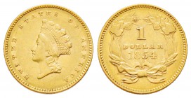 USA, Dollar, 1854, Indian head, Philadelphia, AU 1.65 g.               
Ref : Fr.84, KM#83             
Conservation : Superbe. Rare