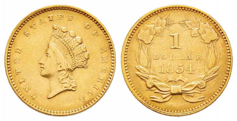 USA, Dollar, 1854, Indian head, Philadelphia, AU 1.67 g.               
Ref : F...