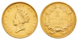 USA, Dollar, 1854, Indian head, Philadelphia, AU 1.67 g.               
Ref : Fr.84, KM#83          
Conservation : Superbe. Rare