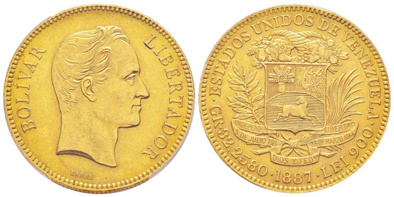 Venezuala
100 Bolivares, 1887, gravée par Barre,  AU 32.1  g.               
R...