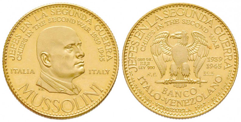 Venezuala
Médaille en or pour Mussolini, 1957, AU 22.2  g. 900 ‰ 30 mm
Ref : K...