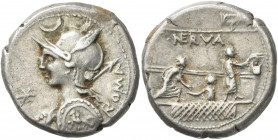 Publius Licinius Nerva (113/112 v.Chr.): AR-Denar 113/112 BC. Romabüste mit Helm, geschulterter Lanze und Schild nach links, darüber Mondsichel, davor...