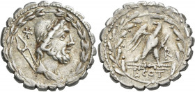 L. Aurelius Cotta / L. Hostilius Tubulus / L. Thorius Balbus (105 v.Chr.): Lucius Aurelius Cotta: AR-Denar / Serratus 105 BC. Vulkanbüste mit Pileus n...