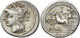 Gaius Coelius C.f.C.n. Caldus (104 v.Chr.): AR-Denar 104 BC. Romakopf mit Flügelhelm nach links / Victoria in Biga nach links, oben Kontrollmarke T, u...