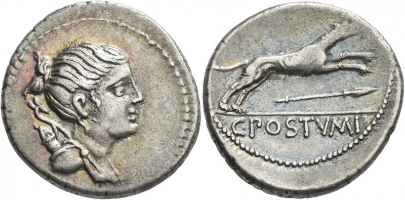 Gaius Postumius Tatius (74 v.Chr.): C. Postumius: AR-Denar 76 BC. Drapierte Dian...