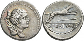 Gaius Postumius Tatius (74 v.Chr.): C. Postumius: AR-Denar 76 BC. Drapierte Dianabüste mit Bogen und Köcher nach rechts / springender Jagdhund nach re...