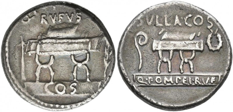 Quintus Pompeius Rufus (54 v.Chr.): AR-Denar 54 BC. Sella curulis (Curule-Stuhl)...
