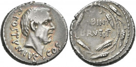 Decimus Iunius Brutus (48 v.Chr.): D. Iunius Brutus Albinus, AR-Denar 48 BC. Kopf des Konsuls A. Postumius Albinus nach rechts, darum A POSTVMIVS COS ...