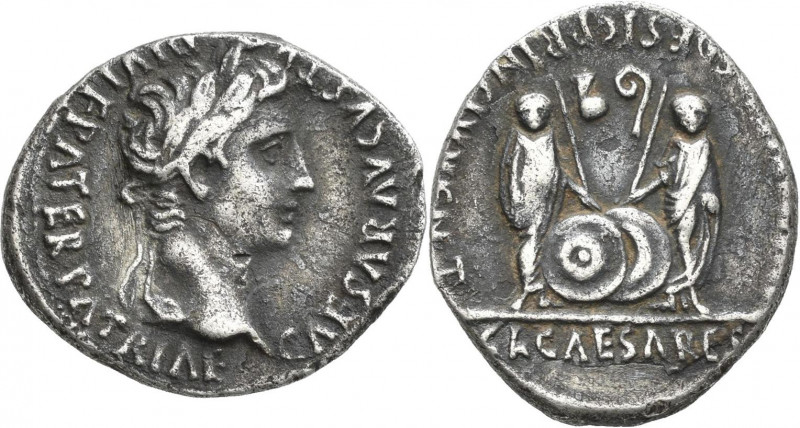 Augustus (27 v.Chr. - 14 n.Chr.): Denar 7-6 BC, Lugdunum. Kopf mit Lorbeerkranz ...