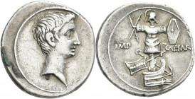 Augustus (27 v.Chr. - 14 n.Chr.): Denar. Kopf nach rechts / Maritime Trophäe, Umschrift IMP CAESAR. 3,94g. RIC 265, Kampmann 2.24, Cohen 119. Fast vor...