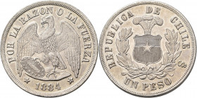 Chile: 1 Peso 1884 So. 24,90 g, KM# 142.1. Feine Haarlinien, winzige Randunebenheiten, sonst fast Stempelglanz.
 [differenzbesteuert]