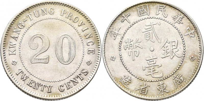 China: Provinz Kwang-Tung, 20 Cents Jahr 10 (1921), KM# Y 423, feine Patina, fas...