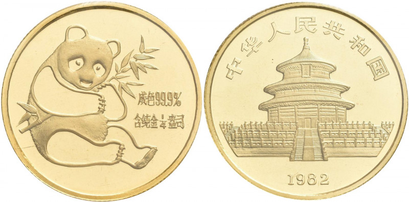 China - Volksrepublik: 1/4 OZ Goldpanda 1982 (ohne Wertangabe) erster Jahrgang, ...