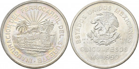 Mexiko: 5 Pesos 1950 Mo - Mexico City. Gedenkmünze auf die Eröffnung der südlichen Eisenbahnlinie / INAUGURACION DEL FERROCARRIL DEL SURESTE. KM# 466....