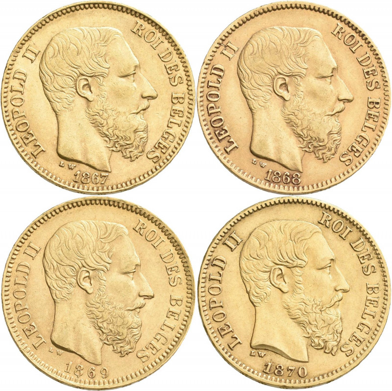 Belgien: Leopold II. 1865-1909: 20 Francs 1867, 1868, 1869, 1870 LW, KM# 32, Fri...