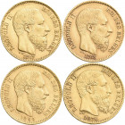 Belgien: Leopold II. 1865-1909: 20 Francs 1867, 1868, 1869, 1870 LW, KM# 32, Friedberg 413. Je ca. 6,44 g, 900/1000 Gold. Sehr schön und besser. Lot 4...