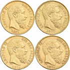 Belgien: Leopold II. 1865-1909: 20 Francs 1871, 1874, 1875, 1876, 1877, 1878 LW, KM# 37, Friedberg 412. je ca. 6,46 g, 900/1000 Gold. Überwiegend sehr...