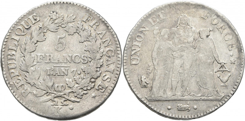 Frankreich: Direktorium 1795-1799 (L'an 4-7): 5 Francs L'an 7 (1798-99) K, Borde...
