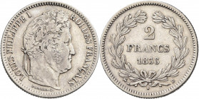 Frankreich: Louis Philippe I. 1830-1848: 2 Francs 1836 B, Rouen. KM# 743.2, Gadoury 520. Kratzer, sehr schön.
 [differenzbesteuert]